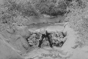 A man looking at the ground in front of a small rock dam.