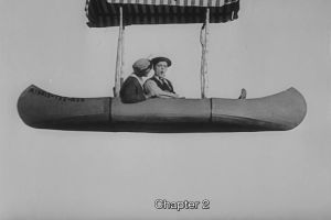 A man and a woman in a boat flying through the sky